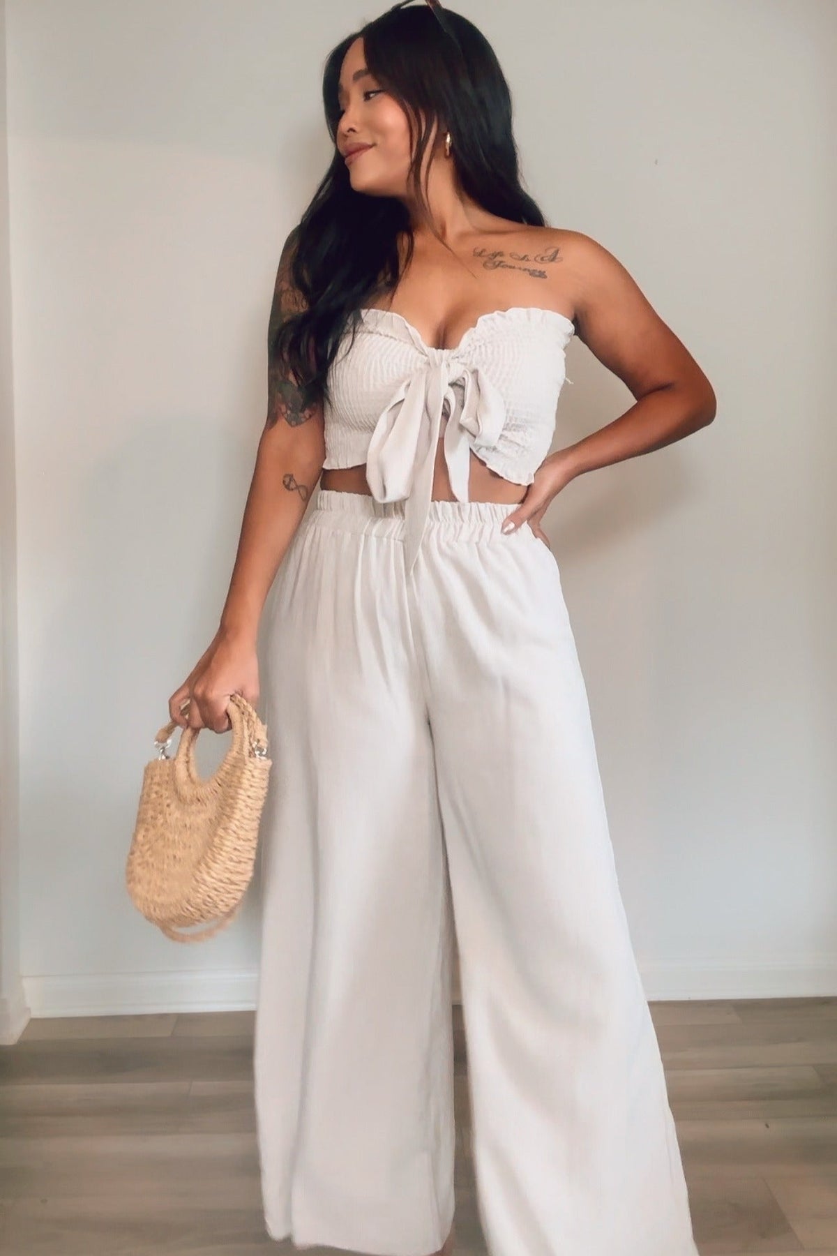 Beige Front Tie Crop Top and Pant Set