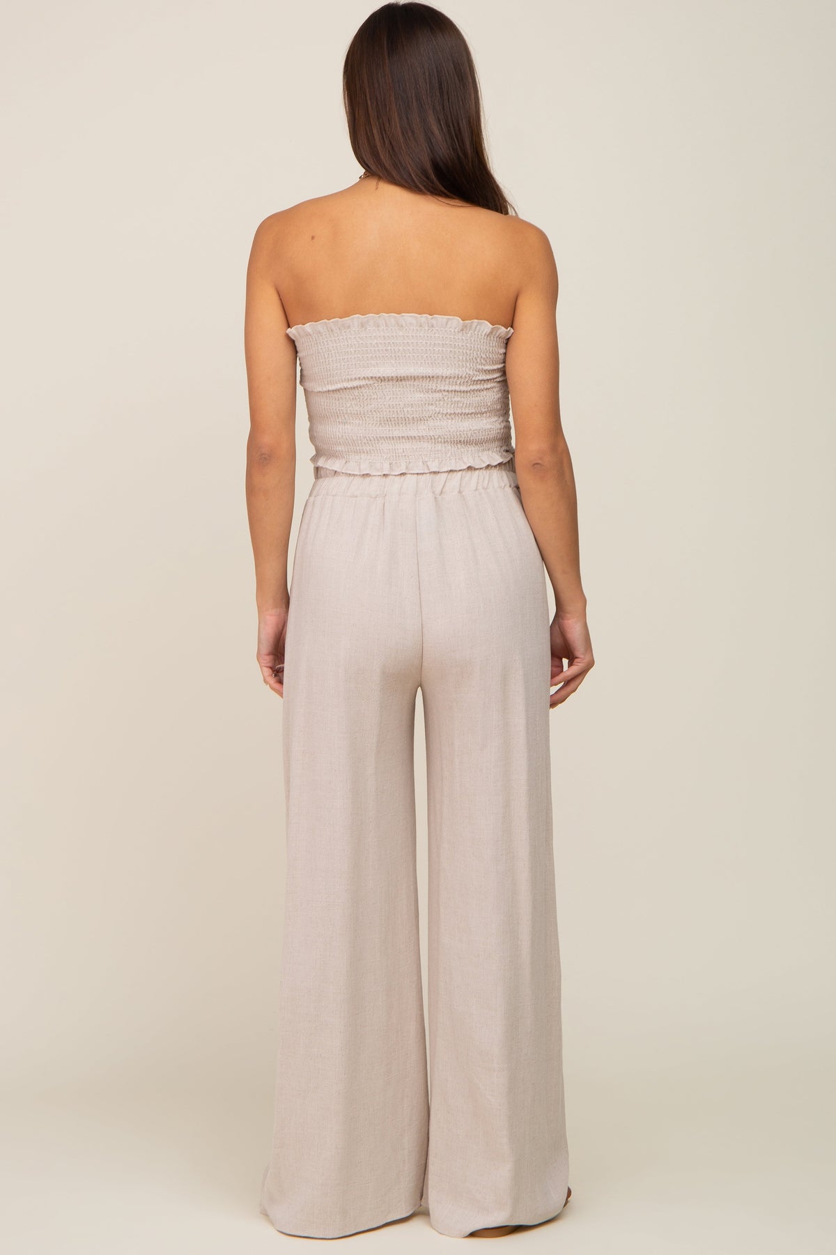 Beige Front Tie Crop Top and Pant Maternity Set