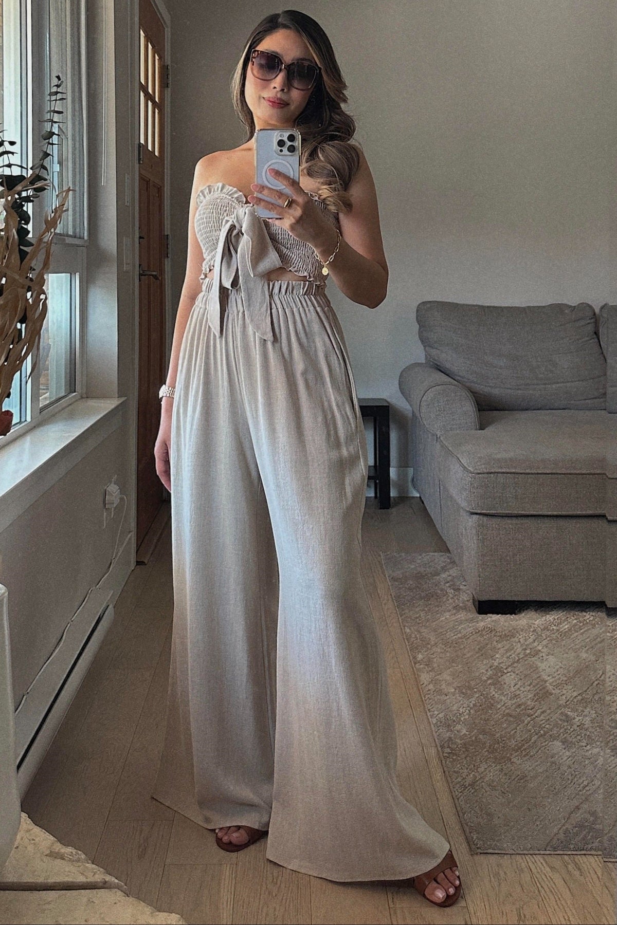 Beige Front Tie Crop Top and Pant Set