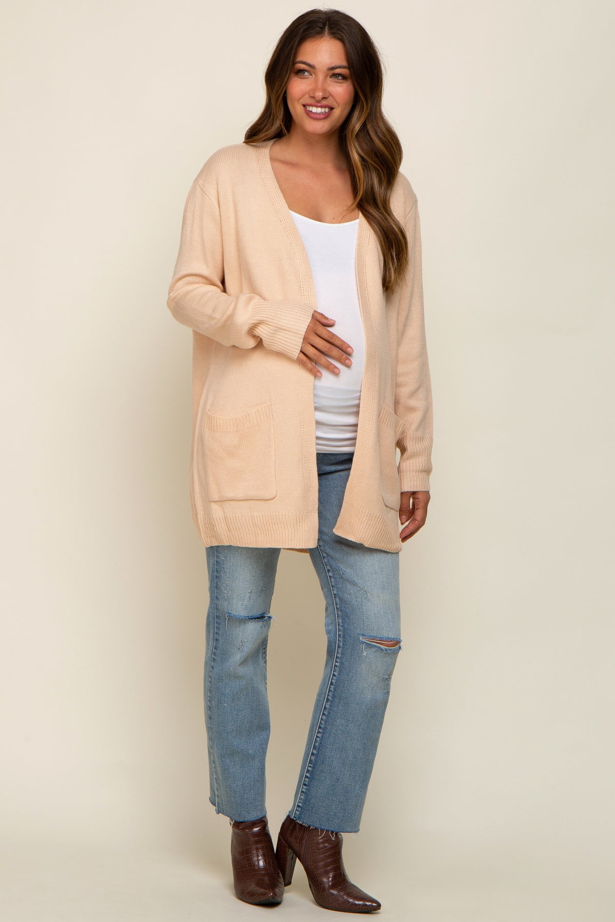 Beige Front Pocket Maternity Cardigan
