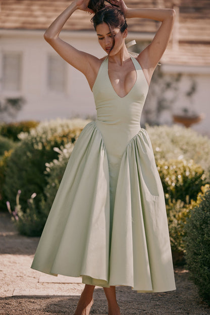 pistachio cotton halter midi sundress