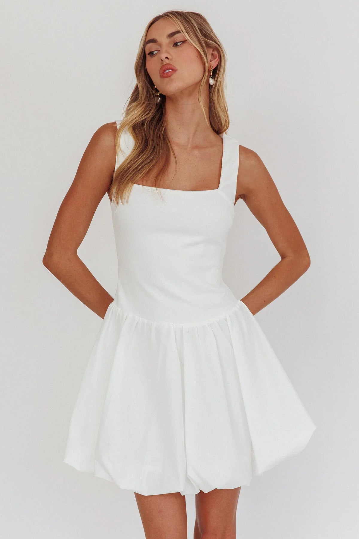 Like Art Square Neck Bubble Mini Dress White