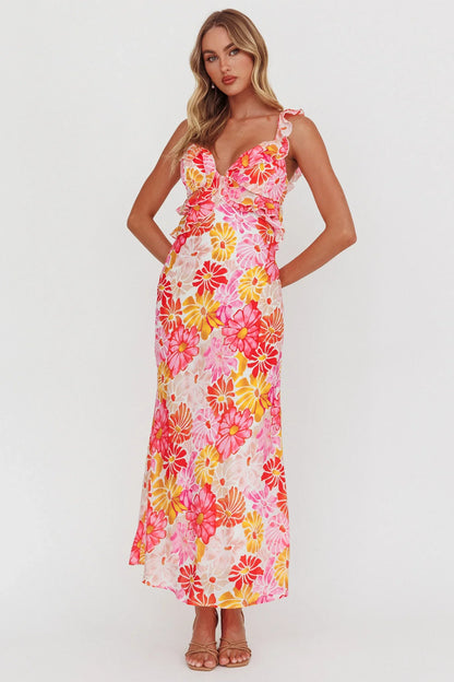 Second Chances Ruffle Trim Maxi Dress Flower Pink