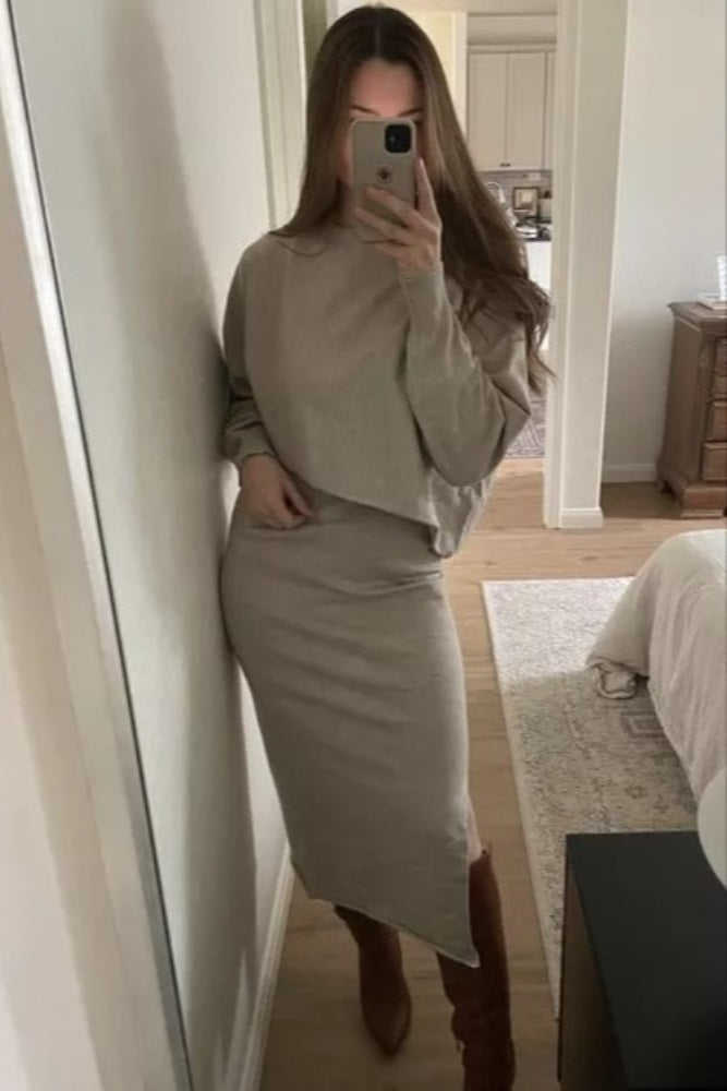 Beige Knit Long Sleeve Crop Top Midi Skirt Set