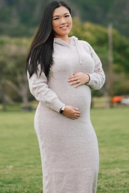 Beige Hooded Maternity Sweater Midi Dress