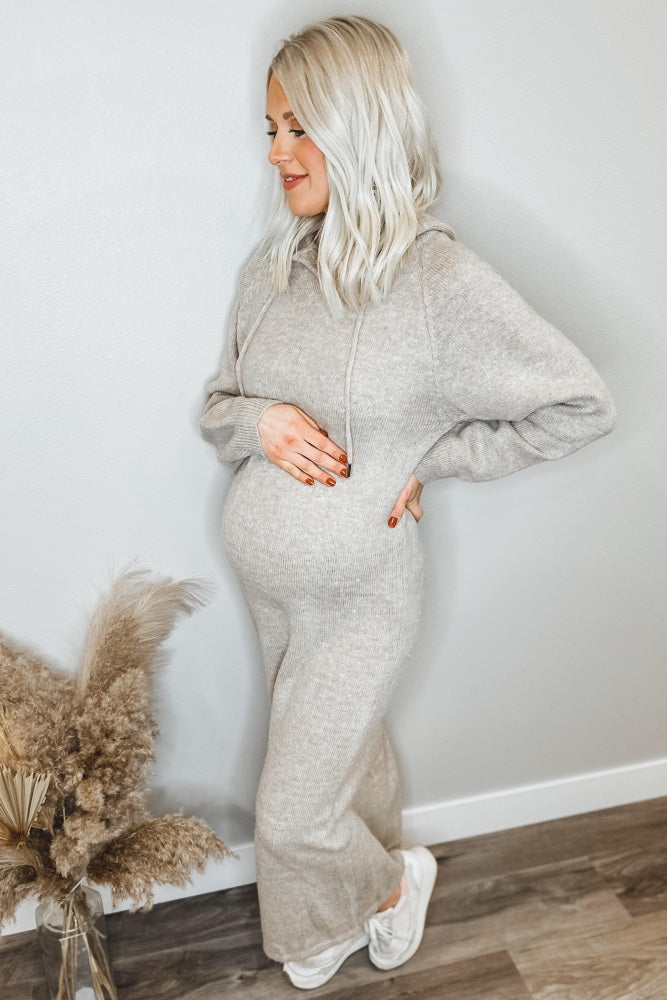 Beige Hooded Maternity Sweater Midi Dress