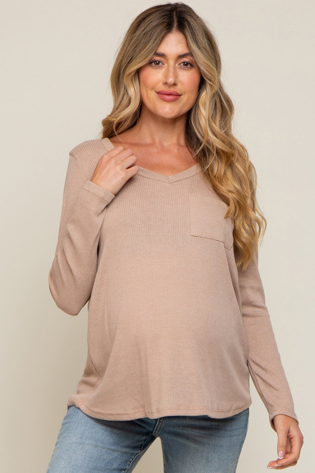 Beige Ribbed Knit Maternity Long Sleeve Top