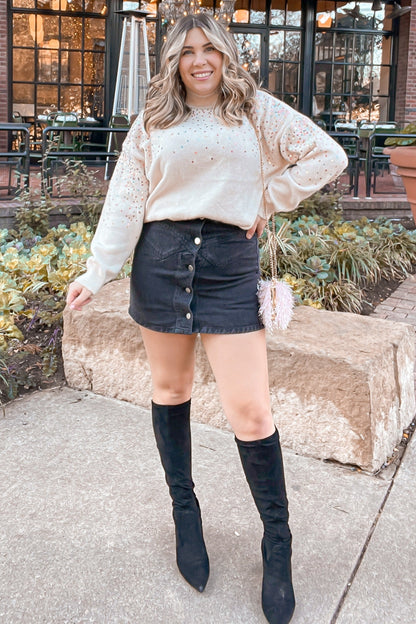 Beige Knit Sequin Mock Neck Sweater