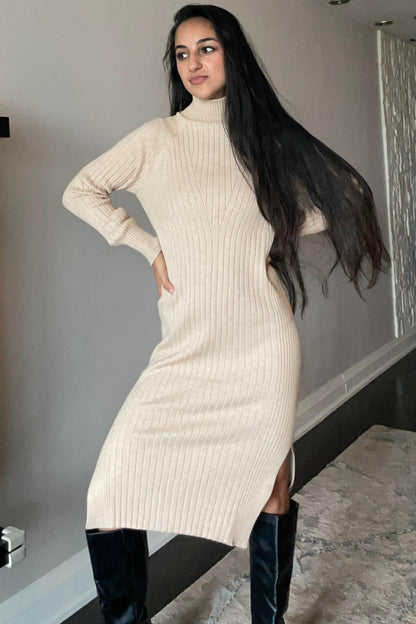Beige Long Sleeve Turtleneck Sweater Dress