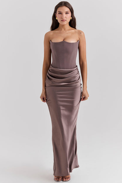 smoke strapless corset maxi dress