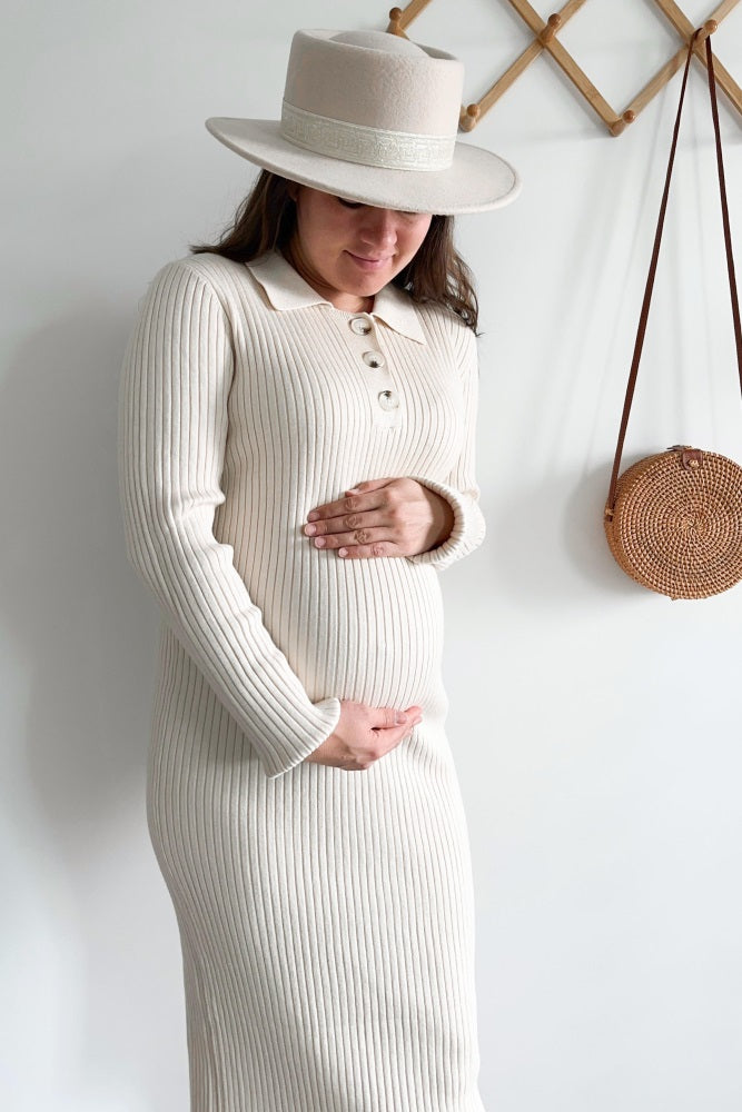 Beige Ribbed Knit Collared Long Sleeve Maternity Midi Dress