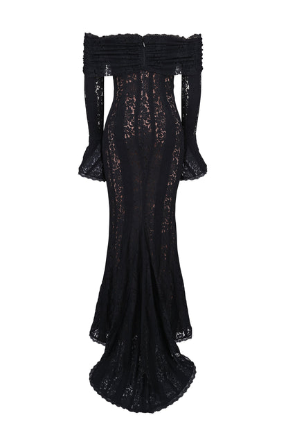 black off shoulder floral lace maxi dress