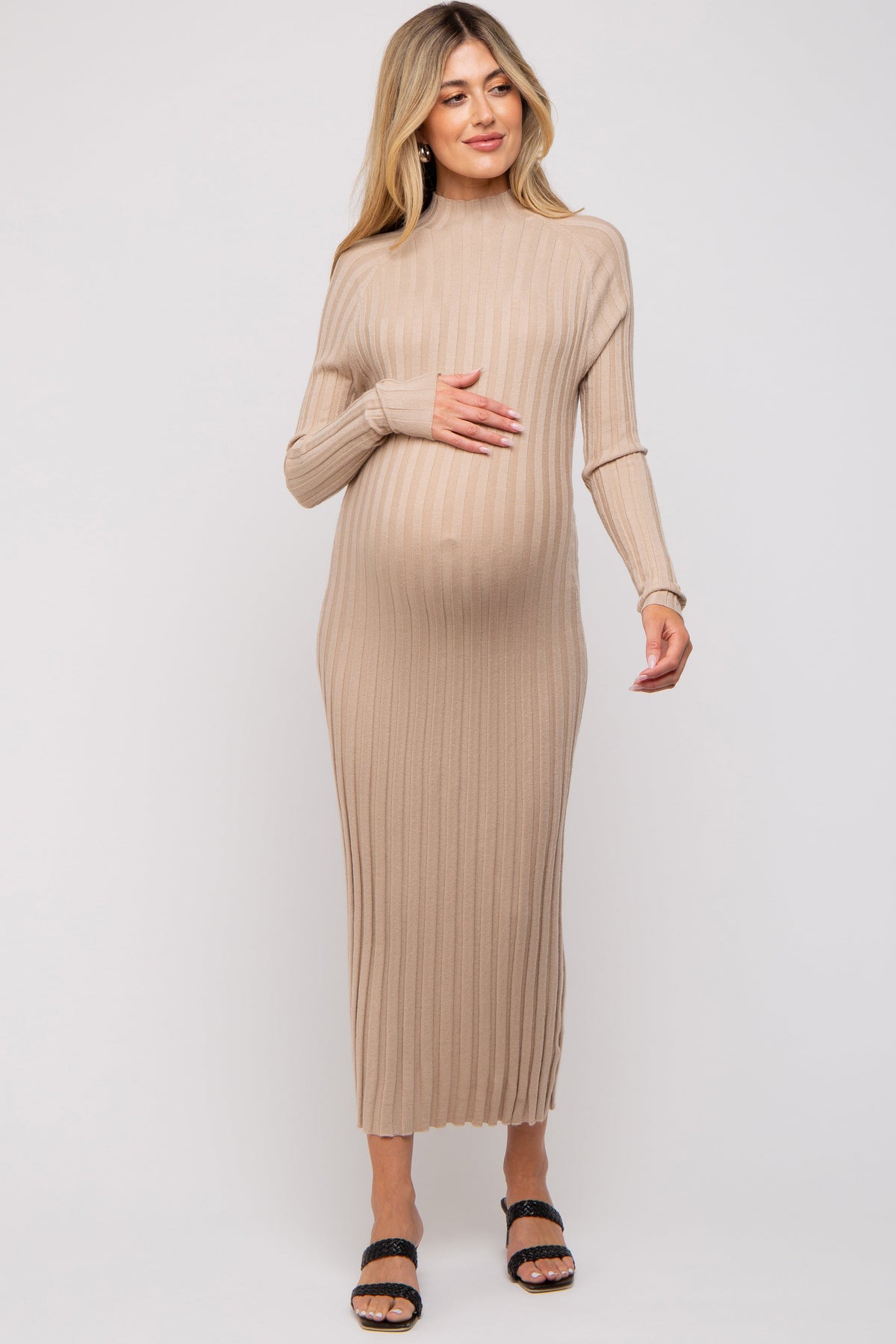 Beige Ribbed Turtle Neck Maternity Midi Dress