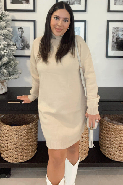 Beige Knit Long Sleeve Turtleneck Sweater Dress