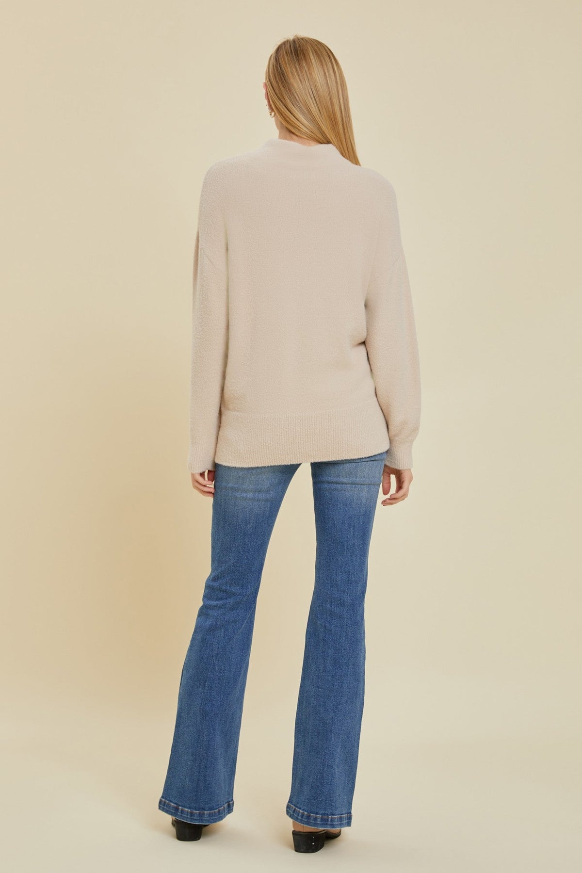 Beige Fuzzy Knit Mock Neck Sweater