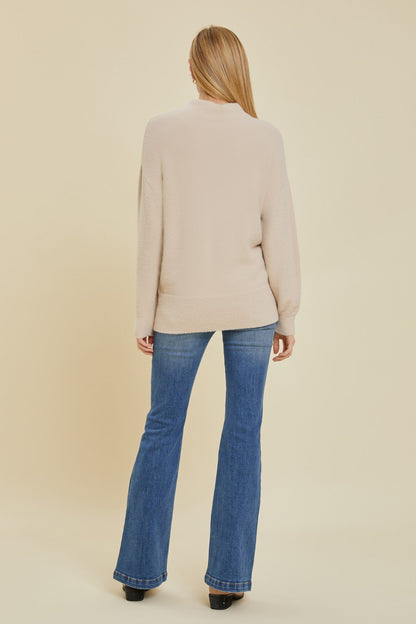 Beige Fuzzy Knit Mock Neck Sweater