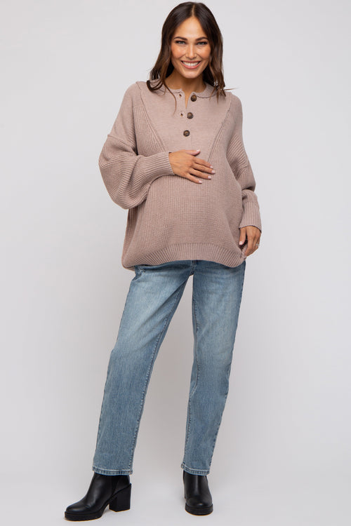 Beige Half Button Up Maternity Sweater