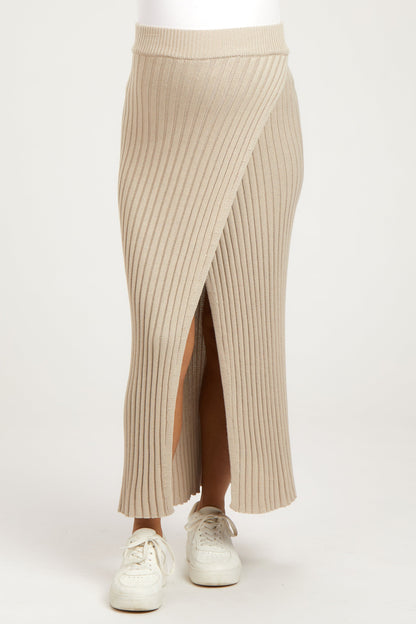 Beige Ribbed Knit Wrap Maternity Maxi Skirt