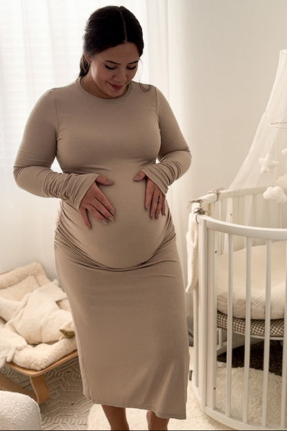 Beige Ruched Long Sleeve Maternity Midi Dress