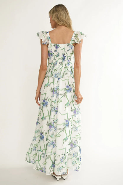 Hanalei Off-Shoulder Tied Bust Maxi Dress Floral White