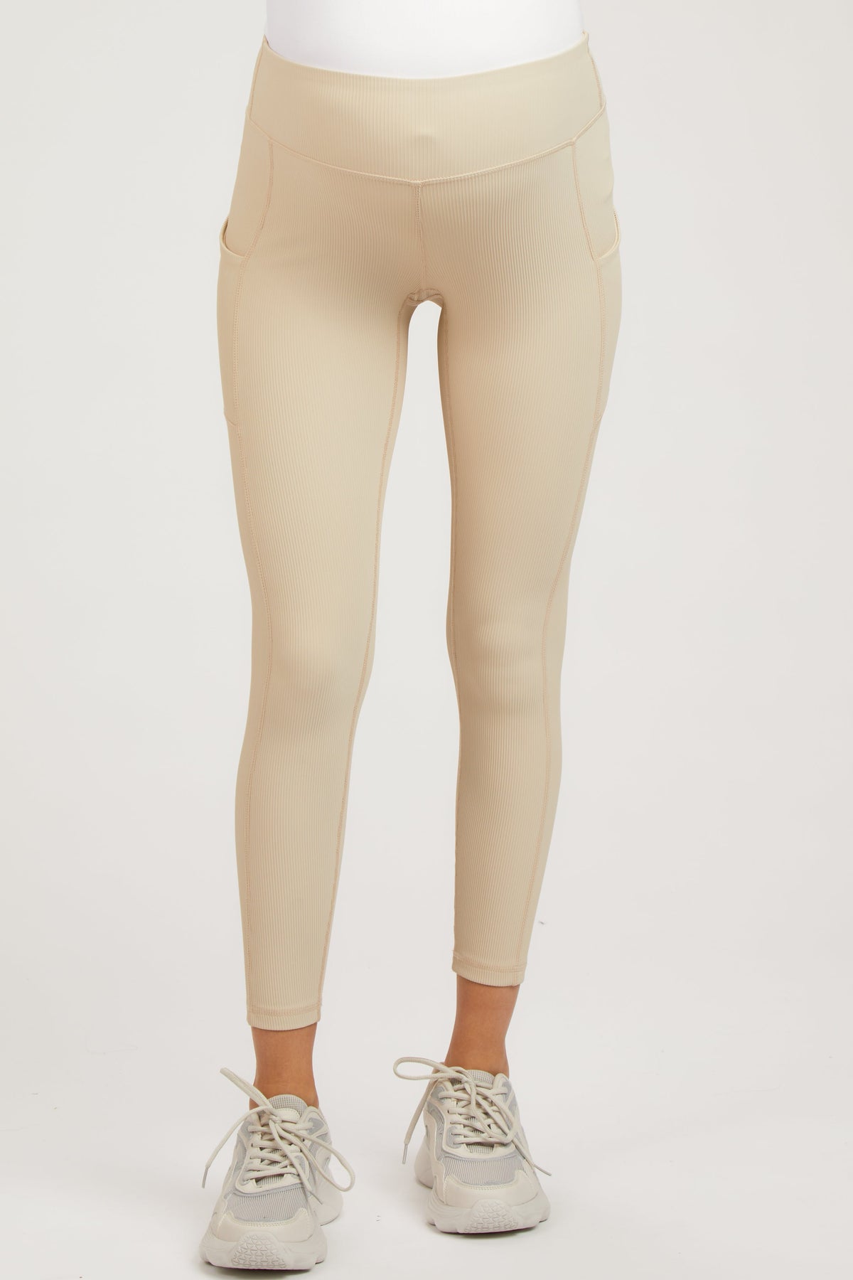 Beige Ribbed Maternity Active Leggings