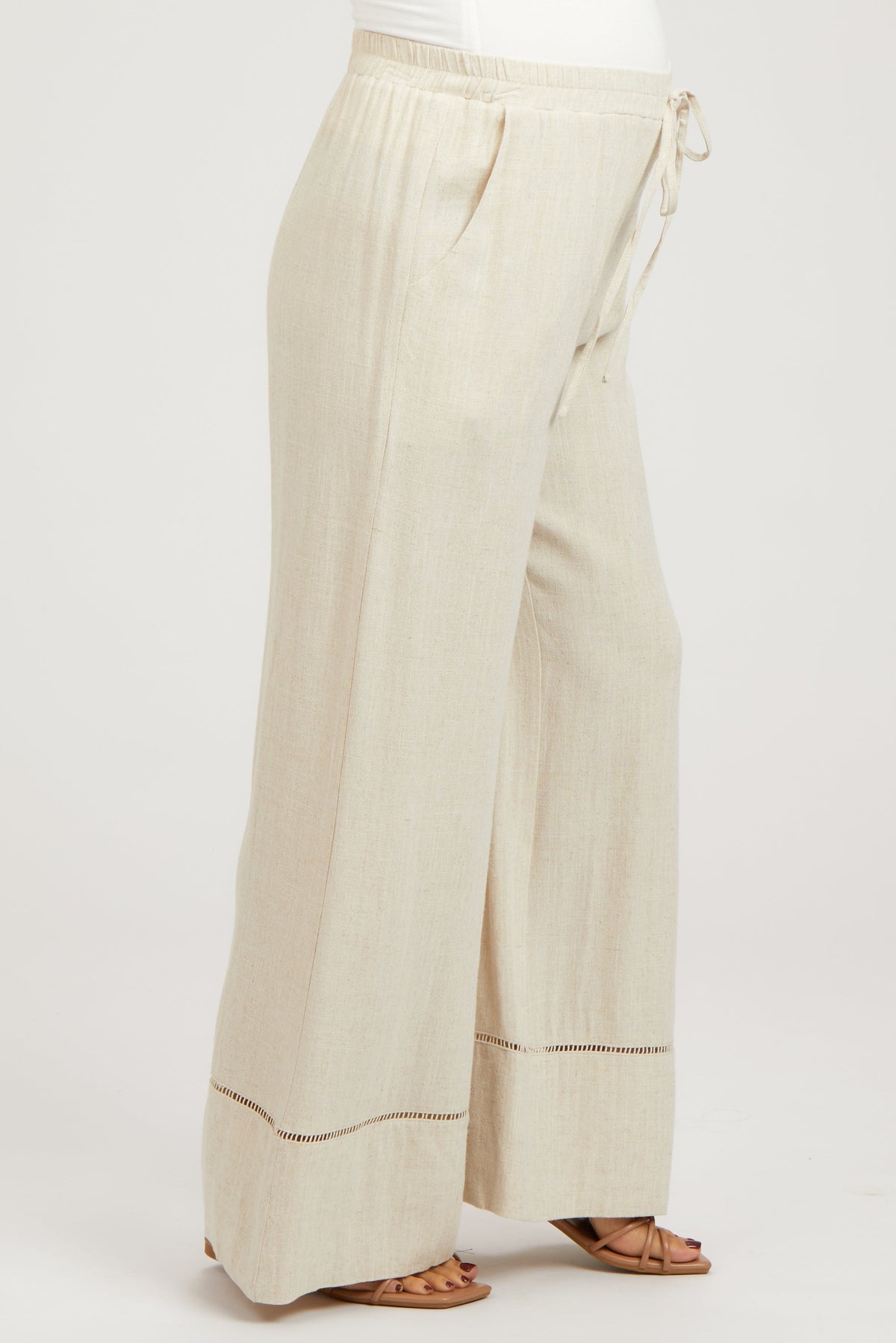 Beige Linen Wide Leg Lace Trim Maternity Pants