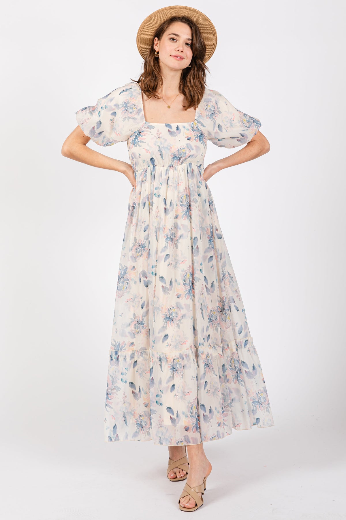 Beige Puff Sleeve Square Neck Maternity Dress