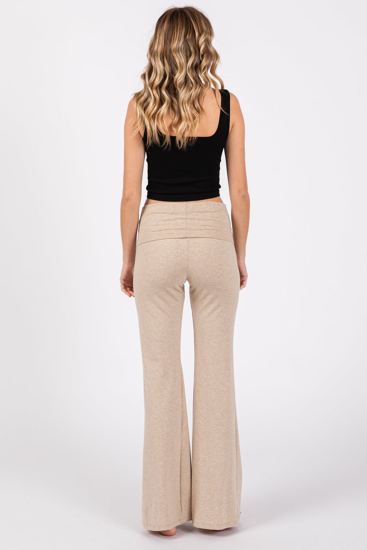 Beige Heathered Flare Leg Fold Over Leggings