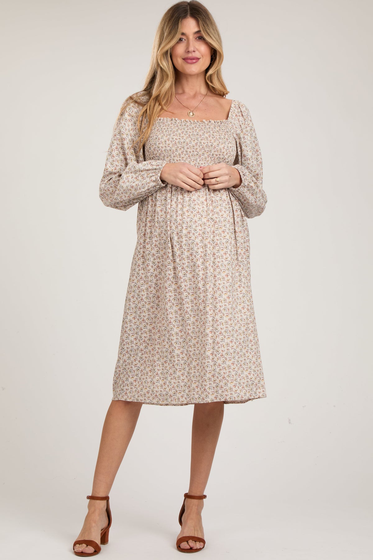 Beige Floral Print Long Sleeve Maternity Midi Dress