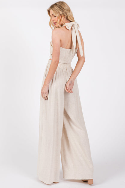 Beige Linen Smocked Top and Pants Set