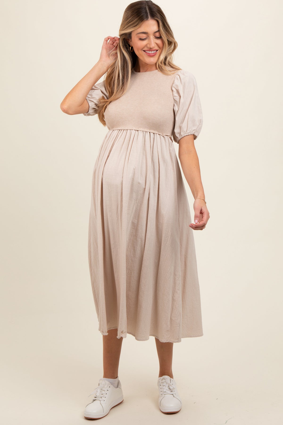 Beige Ribbed Bodice Puff Sleeve Maternity Midi Dress