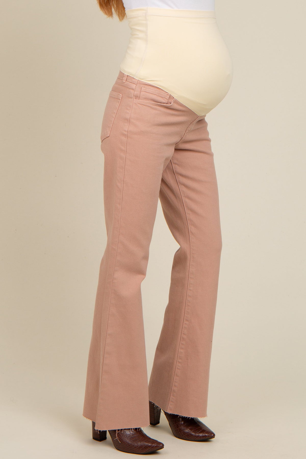 Beige Flare Leg Raw Hem Maternity Jeans