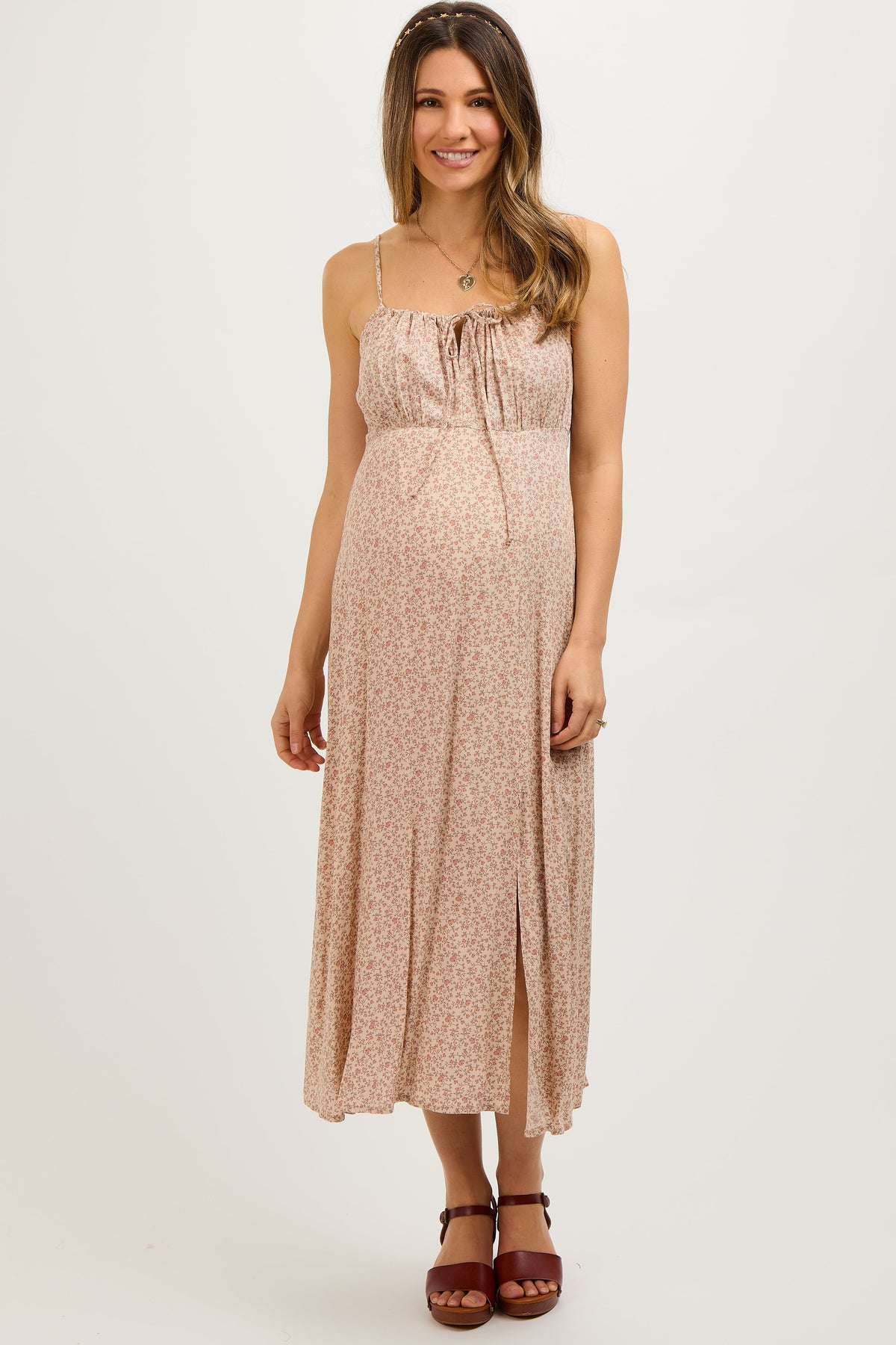 Beige Ditsy Floral Side Slit Maternity Midi Dress
