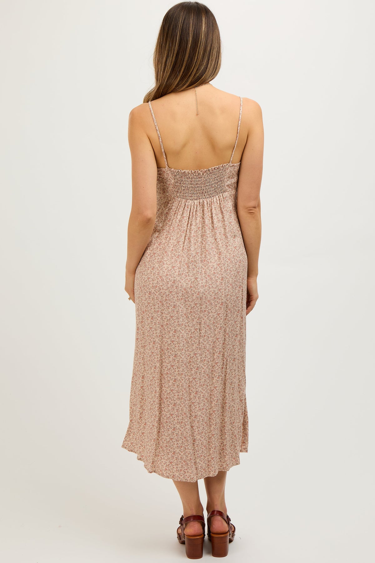 Beige Ditsy Floral Side Slit Maternity Midi Dress
