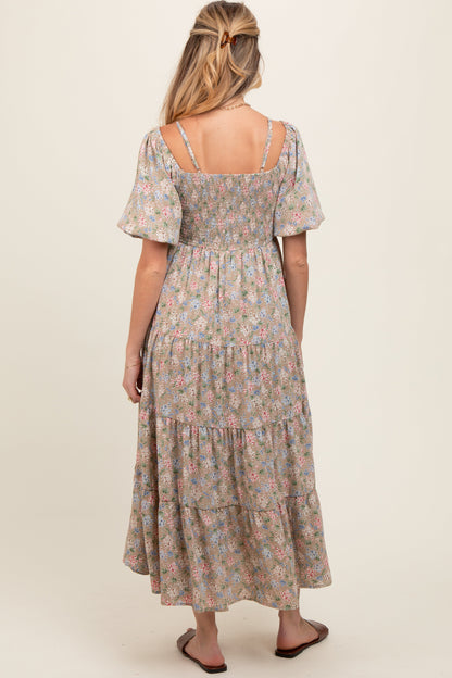 Beige Floral Ruched Strappy V-Neck Front Puff Short Sleeve Maternity Midi Dress