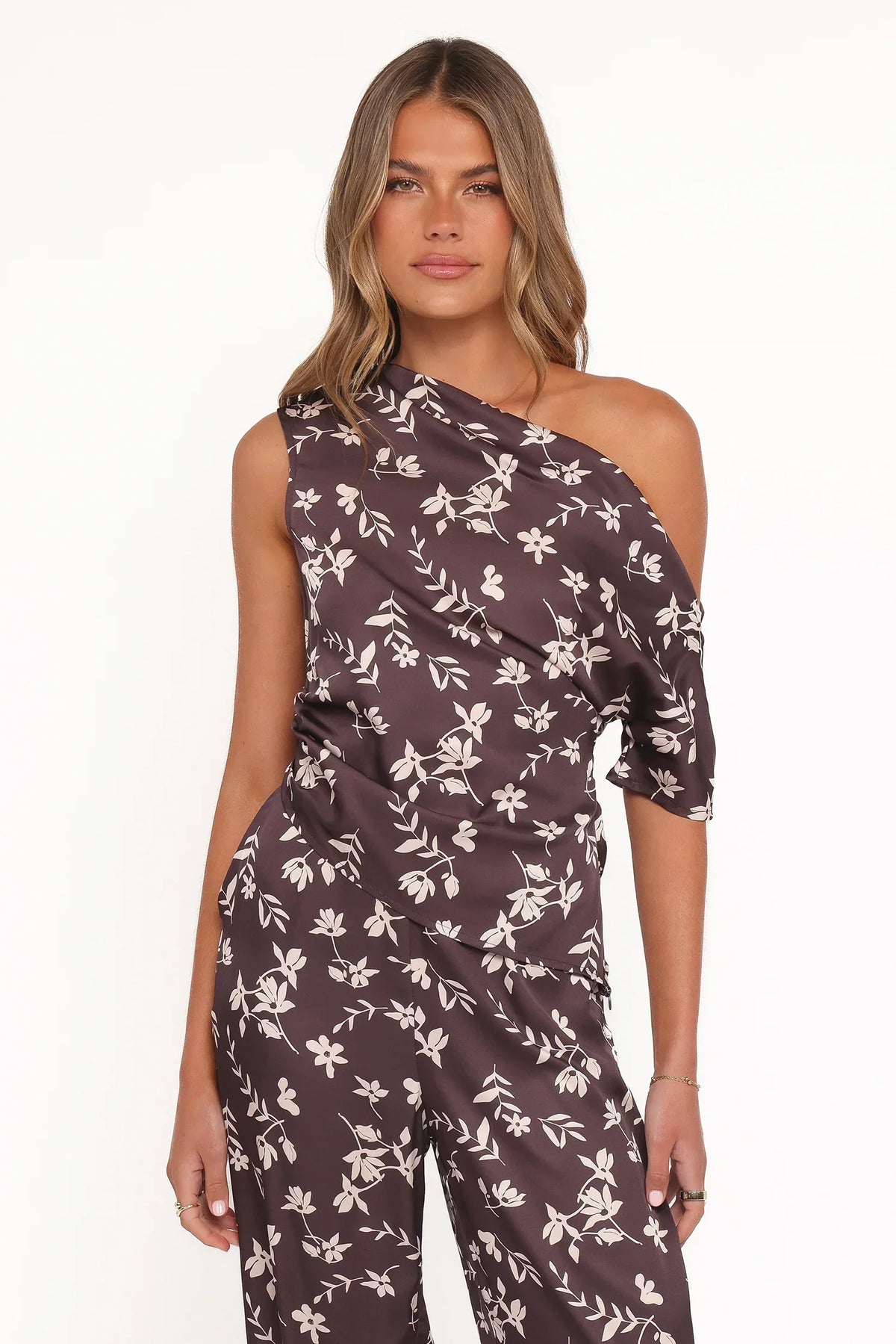 Romola Off Shoulder Top - Brown Cream Floral