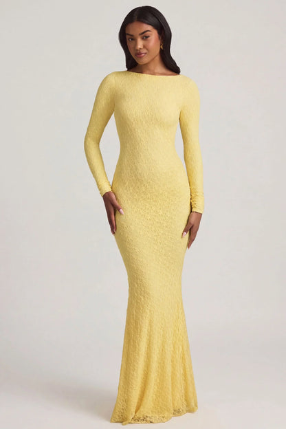 Ruched Backless Lace Maxi Dress in Pastel Yellow