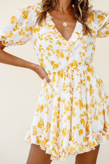 Brianna Puff Sleeve Drawstring Waist Dress Floral Print Yellow