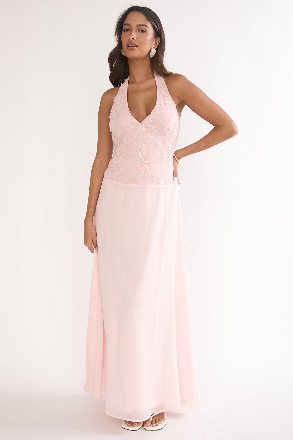 Blushing Belle Embellished Halter Maxi Dress Blush