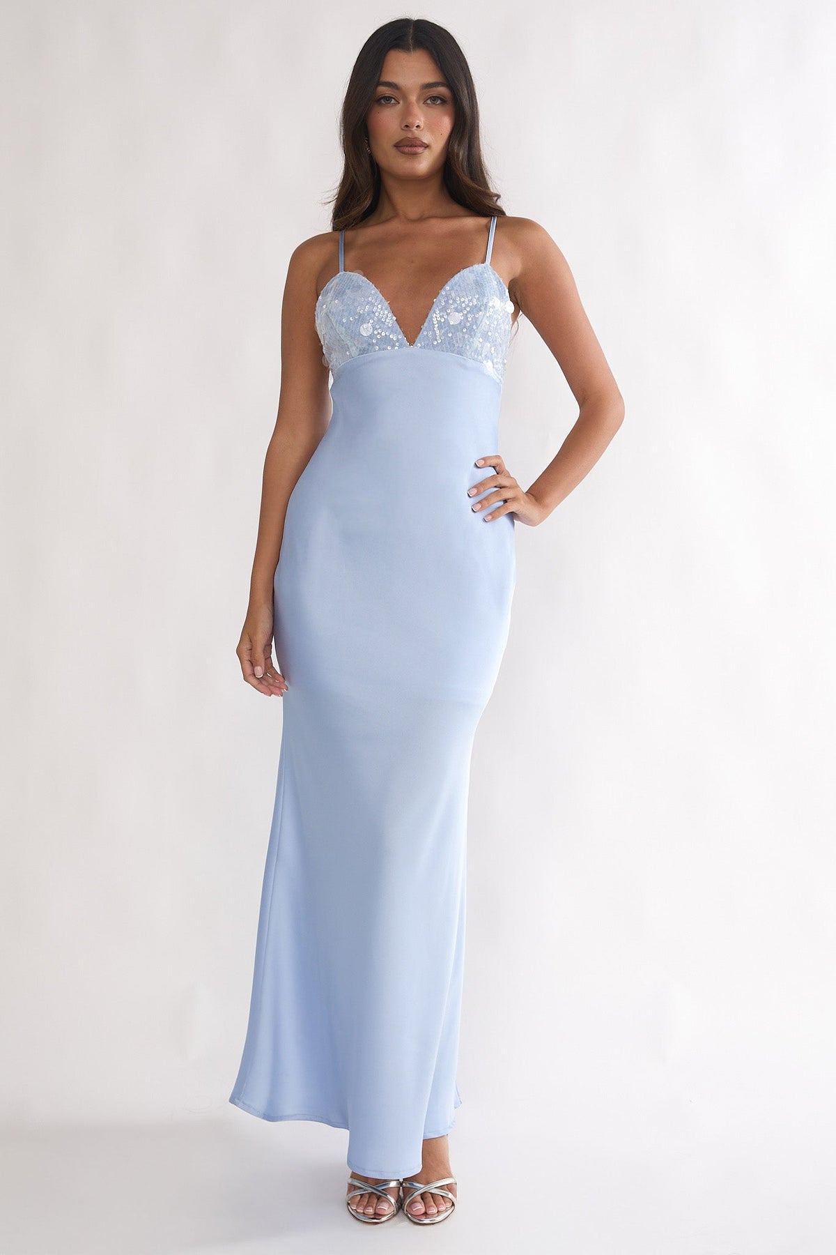 Brynn Sequin Bust Open Back Maxi Dress Blue
