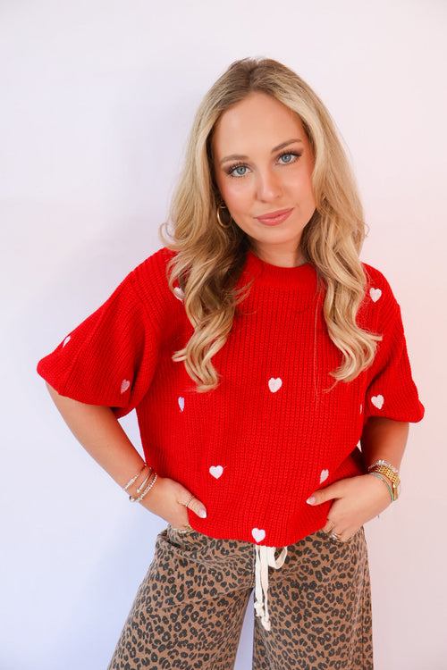 Embroidered Heart Knit Sweater Top - Red