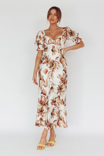 Brigita Tied Back Midi Dress Floral Brown