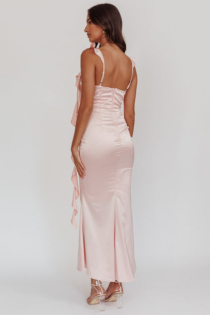 Blushing Ruffle Trim Midi Dress Baby Pink