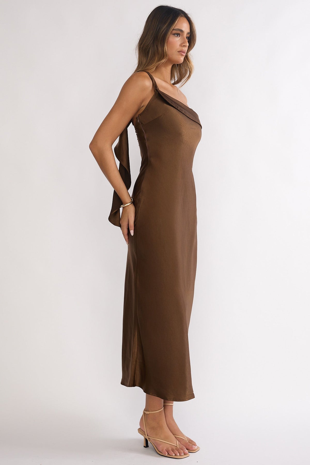 Carmel One-Shoulder Sash Maxi Dress Chocolate