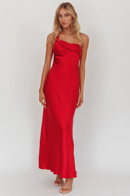 Carmel One-Shoulder Sash Maxi Dress Cherry
