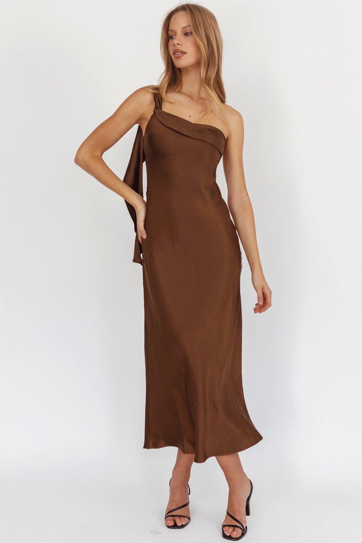 Carmel One-Shoulder Sash Maxi Dress Chocolate