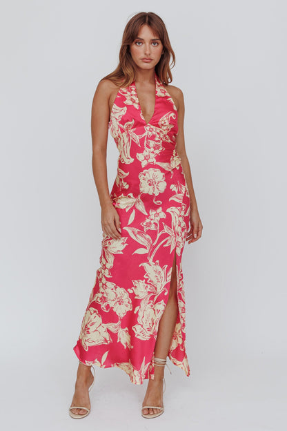 Brighter Days Halterneck Split Midi Dress Fuchsia