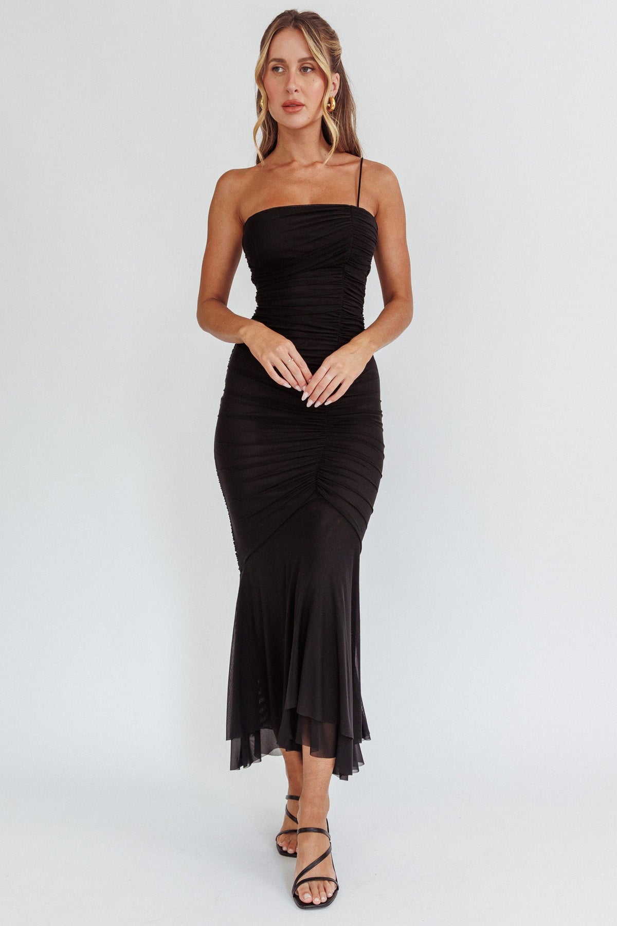 By Chance One Strap Ruched Maxi Dress Black