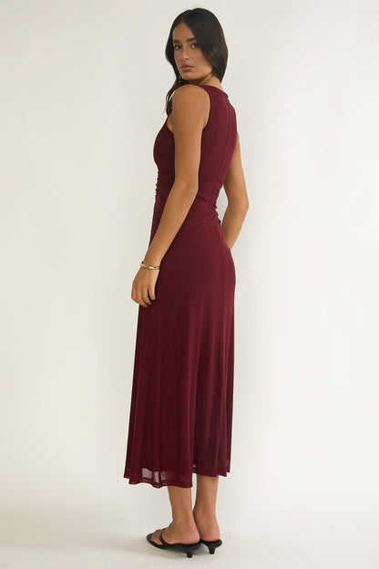 Cambrea Ruched Bodice Midi Dress Burgundy