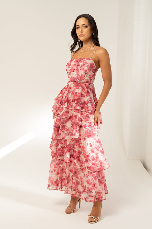 Emilia Pink Floral Tiered Maxi Dress